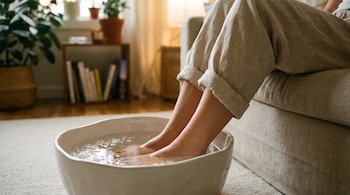 Primer plano de tobillos y pies de mujer joven en barreño de agua con sal. Al fondo, parte de un sofá y un salón con plantas.
