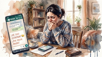 Ilustración en acuarela de una mujer con lágrimas en el rostro junto a un teléfono móvil que exhibe un mensaje sobre una estafa.
