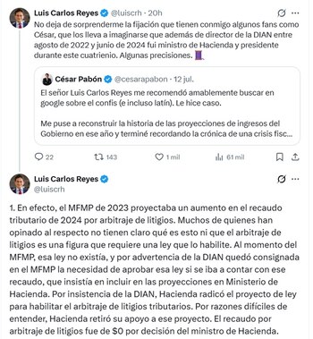 Luis Carlos Reyes, exdirector de la Dian, dijo que Hacienda radicó el proyecto de ley para habilitar el arbitraje de litigios tributarios - crédito @LuisCRH/X