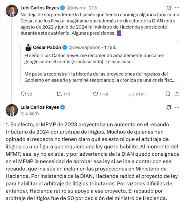 Luis Carlos Reyes, exdirector de la Dian, dijo que Hacienda radicó el proyecto de ley para habilitar el arbitraje de litigios tributarios - crédito @LuisCRH/X