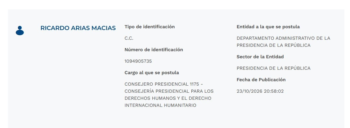 Ricardo Arias Macías aparece como aspirante a la Consejería Presidencial para los Derechos Humanos y el Derecho Internacional Humanitario, tras la publicación de su hoja de vida - crédito Dapre