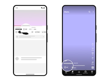 Dos smartphones negros con pantallas encendidas. El de la izquierda muestra un reproductor de video con etiqueta "AI"; el de la derecha, la interfaz "Shorts" con iconos de interacción
