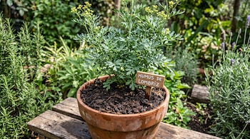 Planta de ruda en maceta de barro con abono oscuro y un cartel de madera que indica HUMUS DE LOMBRIZ.