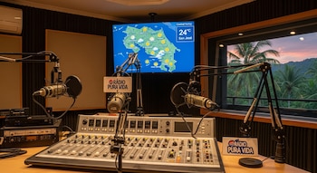 Cabina de radio con consola de sonido, cuatro micrófonos, pantalla de televisión con mapa meteorológico de Costa Rica, letreros Radio Pura Vida y ventana con vista exterior.