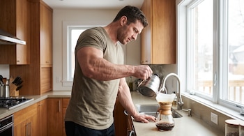 Hombre vierte agua de una cafetera metálica sobre un filtro de papel en una cafetera de goteo de cristal. Se ve una cocina con gabinetes y ventana.