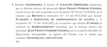 Sala de Apelaciones declaró inadmisible casación de Jean Ferrari
