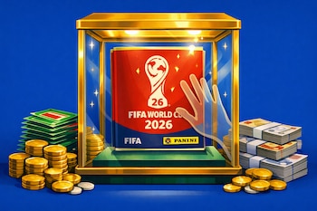 Ilustración del álbum Panini FIFA World Cup 2026 en vitrina dorada con sobres, monedas y billetes peruanos alrededor. Mano reflejada en el cristal.