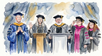 Ilustración en acuarela muestra a cinco personas con togas y birretes de graduación, de pie detrás de atriles, contra un fondo abstracto en azul y ocre.
