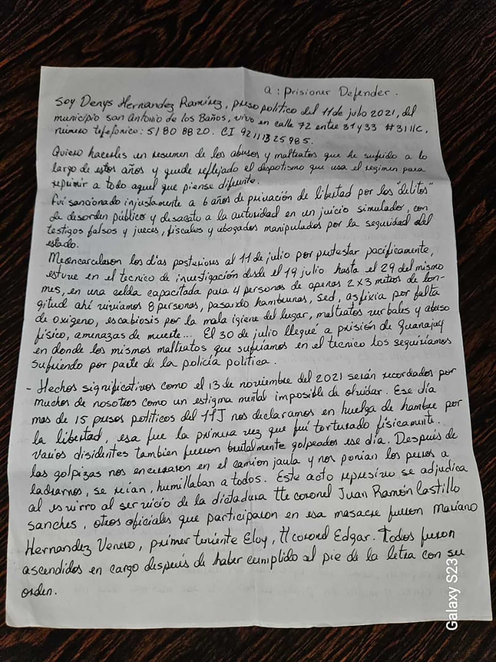 La carta de Denys Hernández Ramírez (Prisoners Defenders)