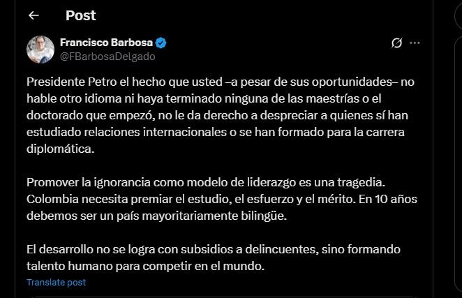 Francisco Barbosa ha hecho varias críticas recientes al Gobierno de Gustavo Petro - crédito @FBarbosaDelgado