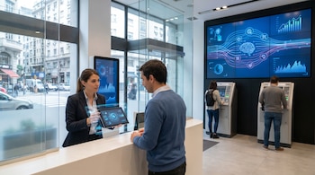 Dentro de un banco moderno, una empleada muestra a un cliente una tableta con gráficos de IA. Una gran pantalla detrás muestra visualizaciones de datos y un cerebro, mientras clientes usan cajeros.