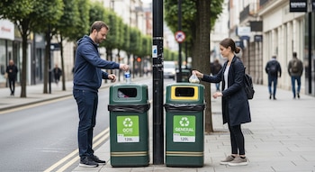 Un hombre y una mujer de pie en una acera, cada uno depositando un artículo en contenedores de basura de reciclaje verdes con etiquetas "OCIE" y "GENERAL".