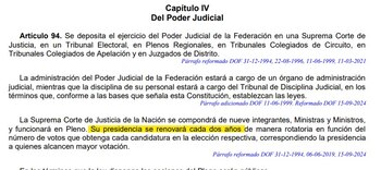Este es el artículo recién reformado que dice que la presidencia de la SCJN se renovará cada dos años. (Especial)