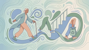 Ilustración de una mujer mayor con bastón, una persona subiendo escaleras y otra llevando una bolsa de tela con símbolo de reciclaje, sobre fondo abstracto azul y verde.