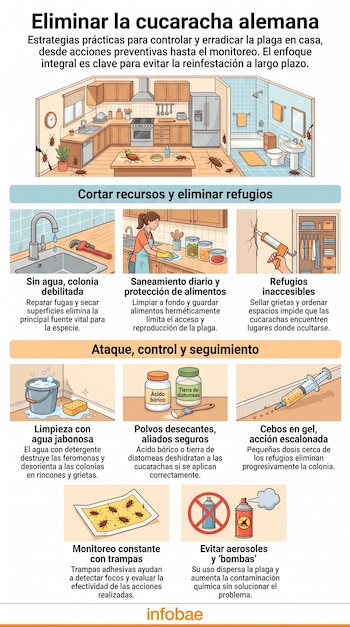 Infografía sobre eliminación de cucarachas alemanas. Muestra una cocina y un baño con insectos y nueve viñetas con acciones de prevención, control y seguimiento de plagas.