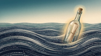 Una botella de vidrio con un papel enrollado flota en olas formadas por líneas de código y texto sobre un fondo degradado.
