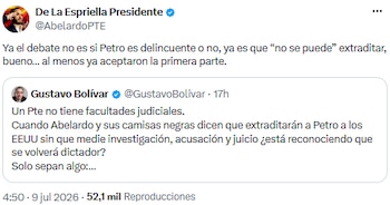 Cuenta de seguidores de Abelardo de la Espriella arremetió contra Gustavo Bolívar - crédito @AbelardoPTE/X