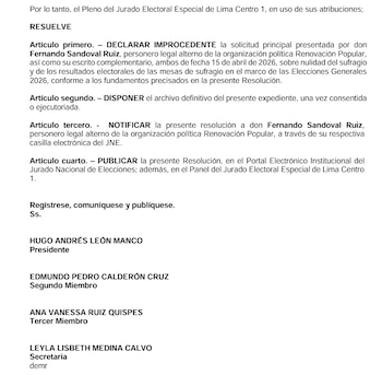 JEE rechaza nuevo pedido de Renovación Popular