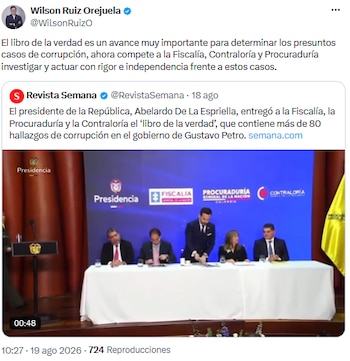 Exministro Wilson Ruiz insta a entes de control a investigar con rigor tras publicación del libro - crédito @WilsonRuizO/X