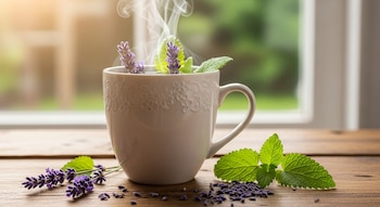 Una taza blanca de tisana humeante con flores de lavanda y hojas de toronjil en su interior, sobre una mesa de madera junto a más lavanda y hojas verdes.
