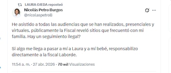 Nicolás Petro Burgos responsabilizó a la fiscal Lucy Laborde de cualquier cosa que le llegue a pasar a su familia - crédito @nicolaspetroB/X