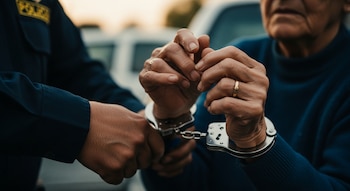 Manos de una adulta mayor con anillos dorados siendo esposadas por un oficial de la Policía de Colombia, quien viste un uniforme oscuro.