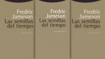 Portada de libro beige centrada con el texto Fredric Jameson Las semillas del tiempo sobre un fondo lateral desenfocado del mismo diseño.