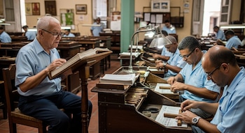 Un anciano con gafas lee un libro grande desde un atril, rodeado de trabajadores con camisas celestes enrollando cigarros en escritorios de madera.