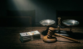 Fajos de billetes de 100 dólares, un mazo de madera y una antigua balanza de justicia de metal sobre una mesa de madera oscura