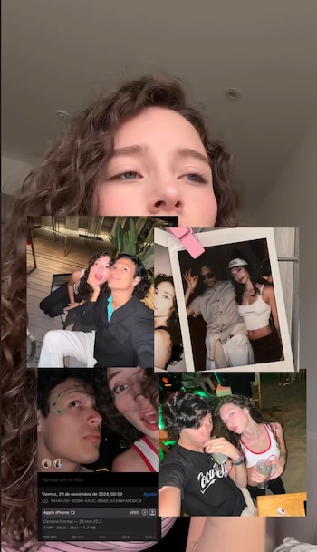 Una joven mira hacia arriba con varias fotografías impresas y digitales suyas junto a un hombre superpuestas en la imagen
