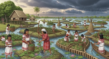 Ilustración de una comunidad maya en un humedal con casas sobre pilotes, canales y camas de cultivo elevadas. Personas recolectan y trabajan en el agua bajo un cielo nublado.