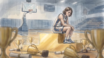 Una mujer con uniforme de baloncesto se sienta en un podio. Alrededor hay trofeos, diplomas, una cancha de baloncesto, un tablero y gradas.