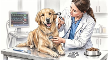 Una veterinaria con bata blanca examina a un Golden Retriever sobre una mesa, utilizando un estetoscopio y un otoscopio. Un monitor de signos vitales se ve al fondo.