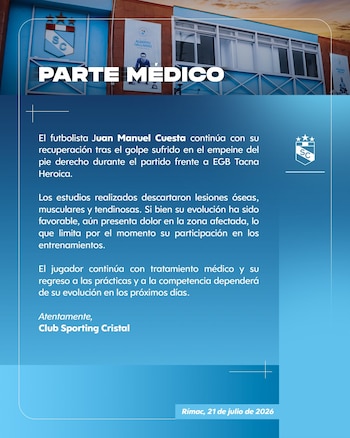 El comunicado de Sporting Cristal que informa la lesión de Juan Manuel Cuesta.