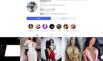 Pantallazo del perfil de Instagram de Raiza Martínez (@raizaloove22) mostrando su foto de perfil en bikini, historias destacadas y varias publicaciones en diferentes atuendos