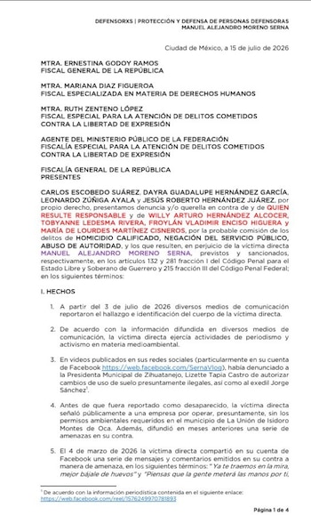DEFENSORXS presentó una denuncian ante la FGR por la muerte del activista Alex Serna.
Crédito: @ivillasenor