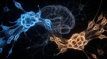 Células azules a la izquierda y células doradas a la derecha sobre un fondo negro con la silueta de un cerebro al centro.