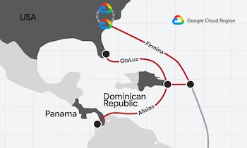 Mapa con contornos de Estados Unidos, República Dominicana y Panamá. Muestra el cable submarino Firmina y otros cables conectando puntos en estas naciones
