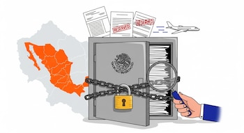 Mapa de Sinaloa resaltado en naranja, un archivo gris con escudo nacional cerrado con candado y cadena, documentos "RESERVADO", mano con lupa y un avión.