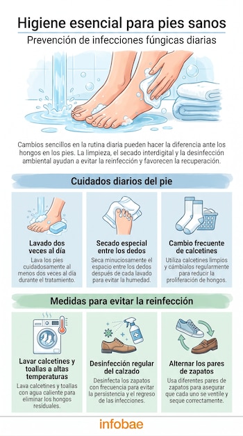 Una persona lava sus pies con agua y jabón, junto a toallas apiladas, y otras ilustraciones de lavadora, calcetines, desinfectante y zapatos.