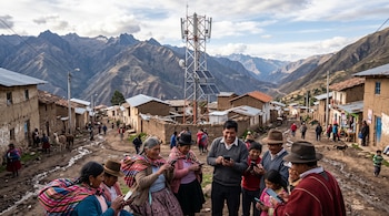 Un grupo de personas con vestimenta tradicional andina usa teléfonos inteligentes frente a una torre de telecomunicaciones con paneles solares