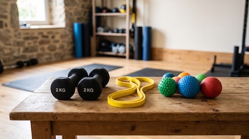 Dos mancuernas negras, una banda elástica amarilla y varias pelotas de colores sobre una mesa de madera dentro de un gimnasio.