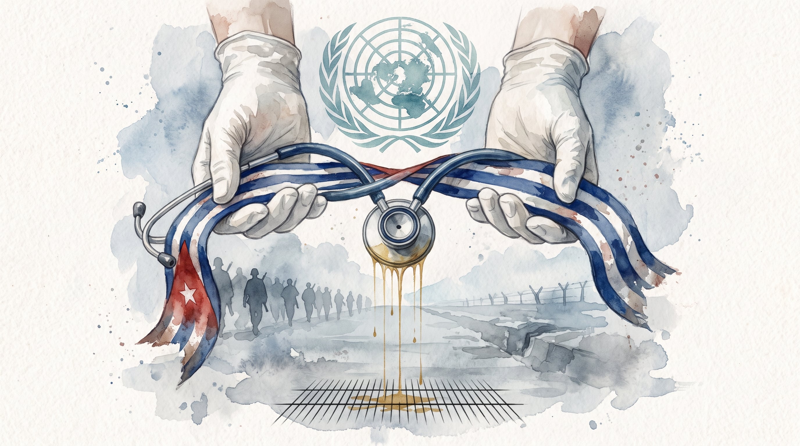 Una ilustración combina elementos sanitarios con la bandera cubana y el emblema de la ONU para representar el envío de médicos al exterior. (Imagen Ilustrativa Infobae)