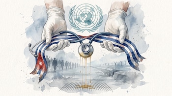 Manos con guantes sostienen un estetoscopio con una cinta de la bandera de Cuba, con el emblema de la ONU y soldados al fondo.