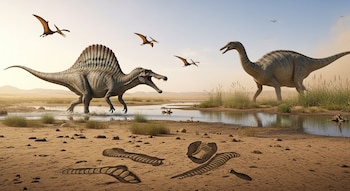Spinosaurus en un pantano, un dinosaurio herbívoro y tres pterosaurios volando. En primer plano, fragmentos de fósiles de huesos.