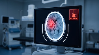 Un monitor médico muestra una tomografía computarizada del cerebro con una zona resaltada en rojo. Una alerta de alarma roja aparece en la pantalla. Al fondo, una sala de operaciones con equipo médico borroso.
