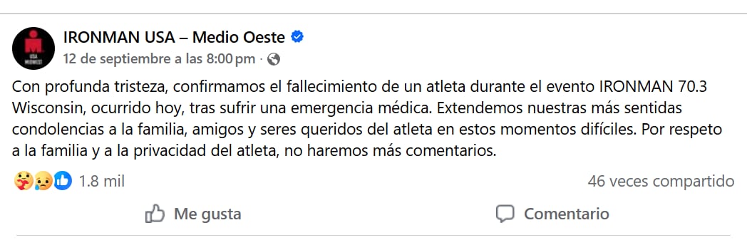 Un comunicado de IRONMAN USA en redes sociales confirma la muerte de un atleta durante la competencia IRONMAN 70.3 Wisconsin debido a una emergencia médica.
