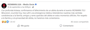 Captura de pantalla de una publicación en red social de IRONMAN USA que comunica el fallecimiento de un atleta