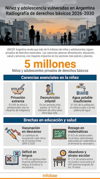 Infografía de UNICEF Argentina: siluetas de niños en un barrio vulnerable y datos sobre privación de derechos, desnutrición, agua, salud y educación en el país.