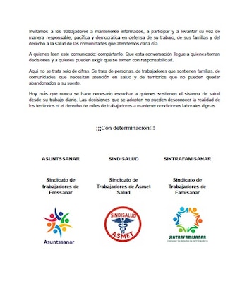 Trabajadores de Emssanar, Asmet Salud y Famisanar respaldan el comunicado en el que sus sindicatos califican de prematura e irreversible una eventual liquidación de las entidades- crédito Sindisalud